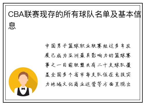 CBA联赛现存的所有球队名单及基本信息