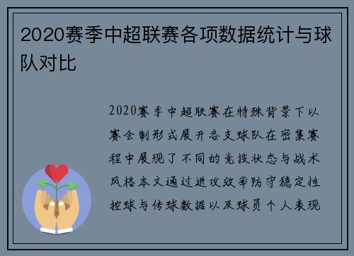 2020赛季中超联赛各项数据统计与球队对比