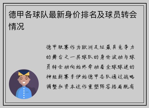 德甲各球队最新身价排名及球员转会情况