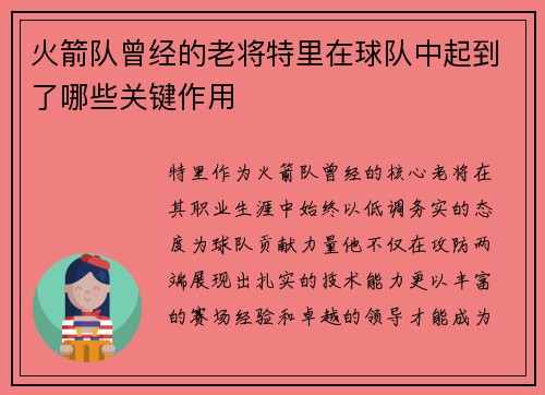 火箭队曾经的老将特里在球队中起到了哪些关键作用